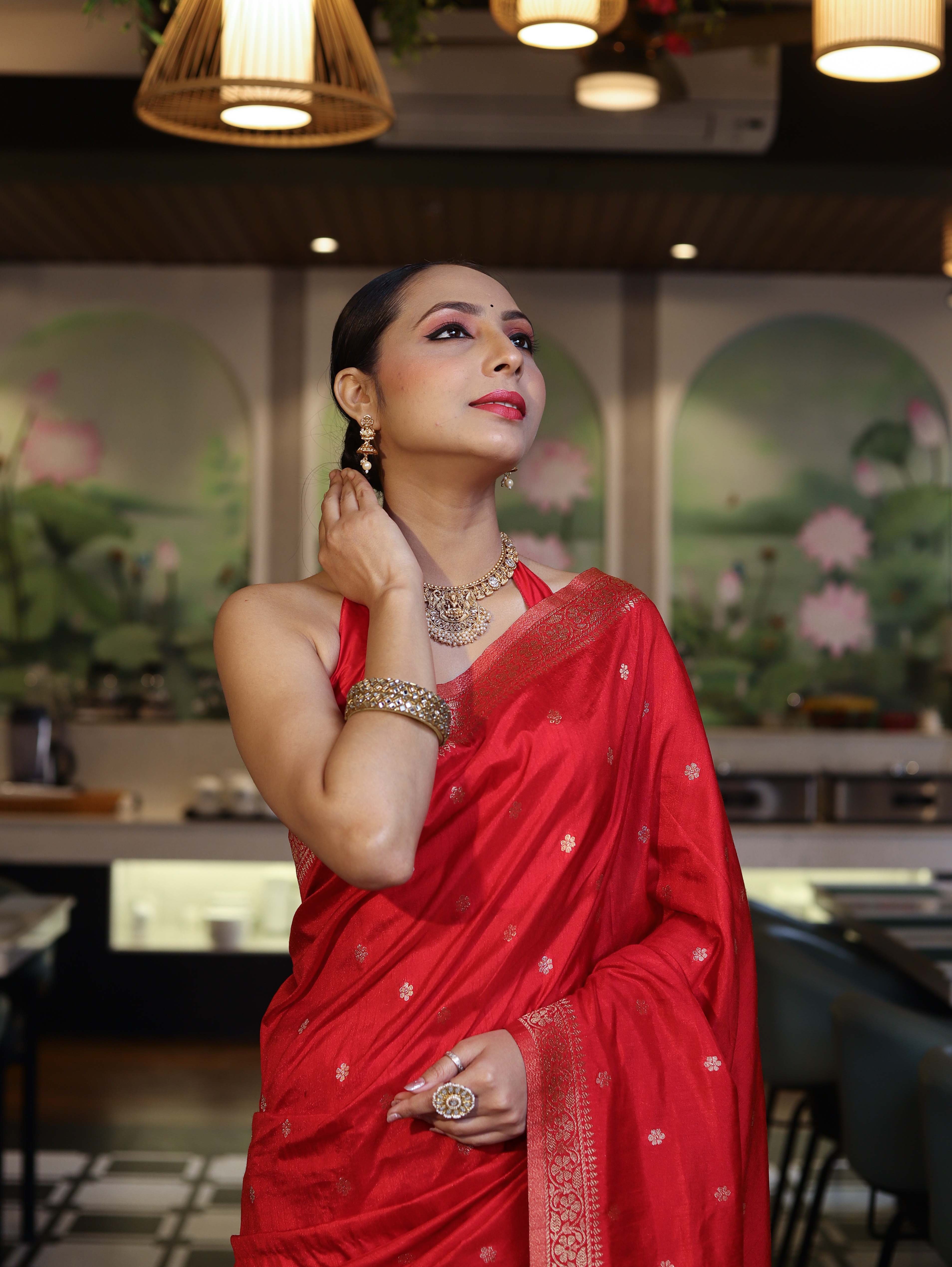 Banarasee Handloom Semi Silk Saree With Zari Buti Work & Floral Border-Red