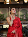 Banarasee Handloom Semi Silk Saree With Zari Buti Work & Floral Border-Red