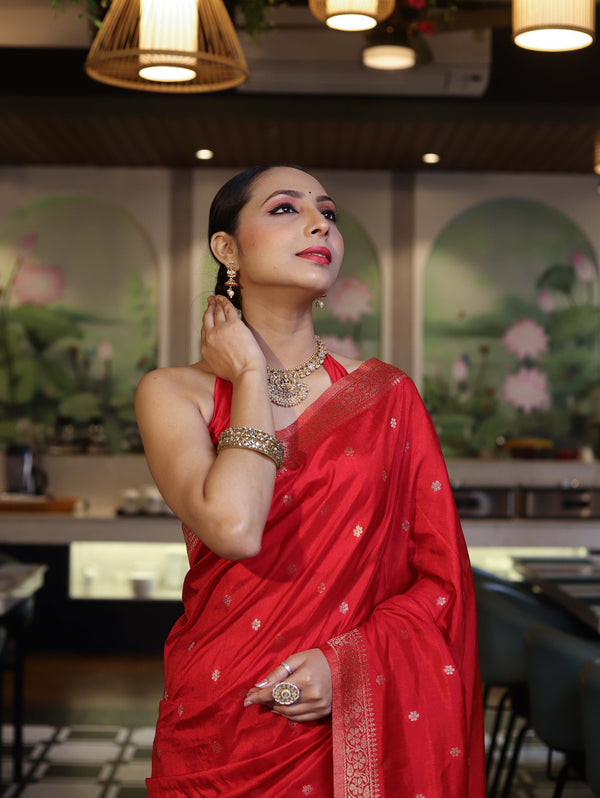 Banarasee Handloom Semi Silk Saree With Zari Buti Work & Floral Border-Red