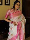 Banarasee Kota Checks Saree With Floral Buta & Border Design-White & Pink