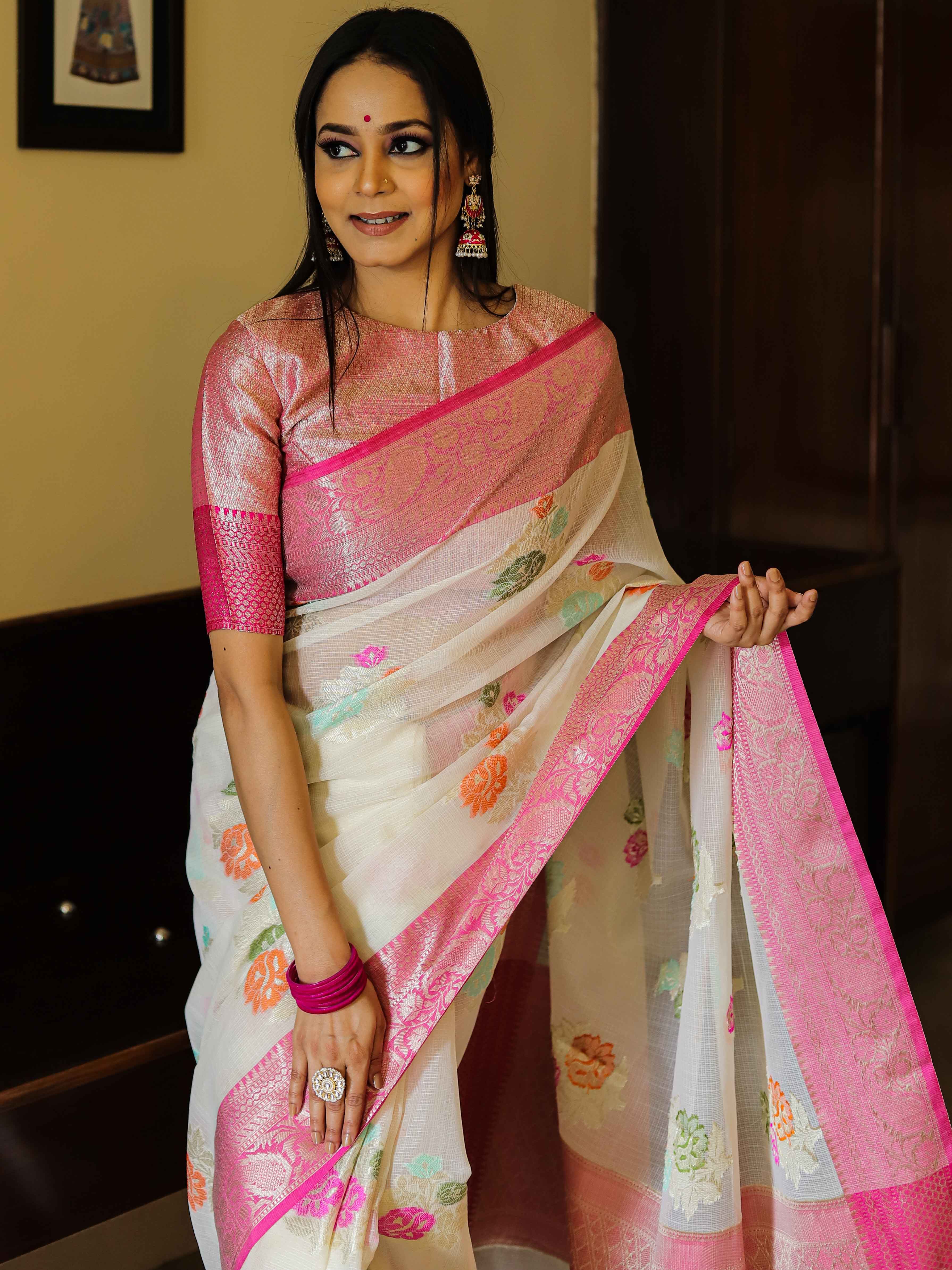 Banarasee Kota Checks Saree With Floral Buta & Border Design-White & Pink