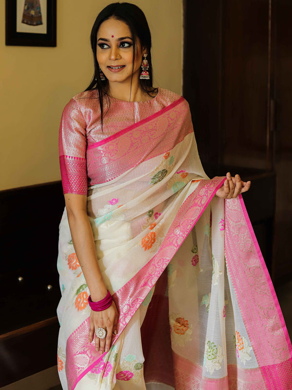 Banarasee Kota Checks Saree With Floral Buta & Border Design-White & Pink