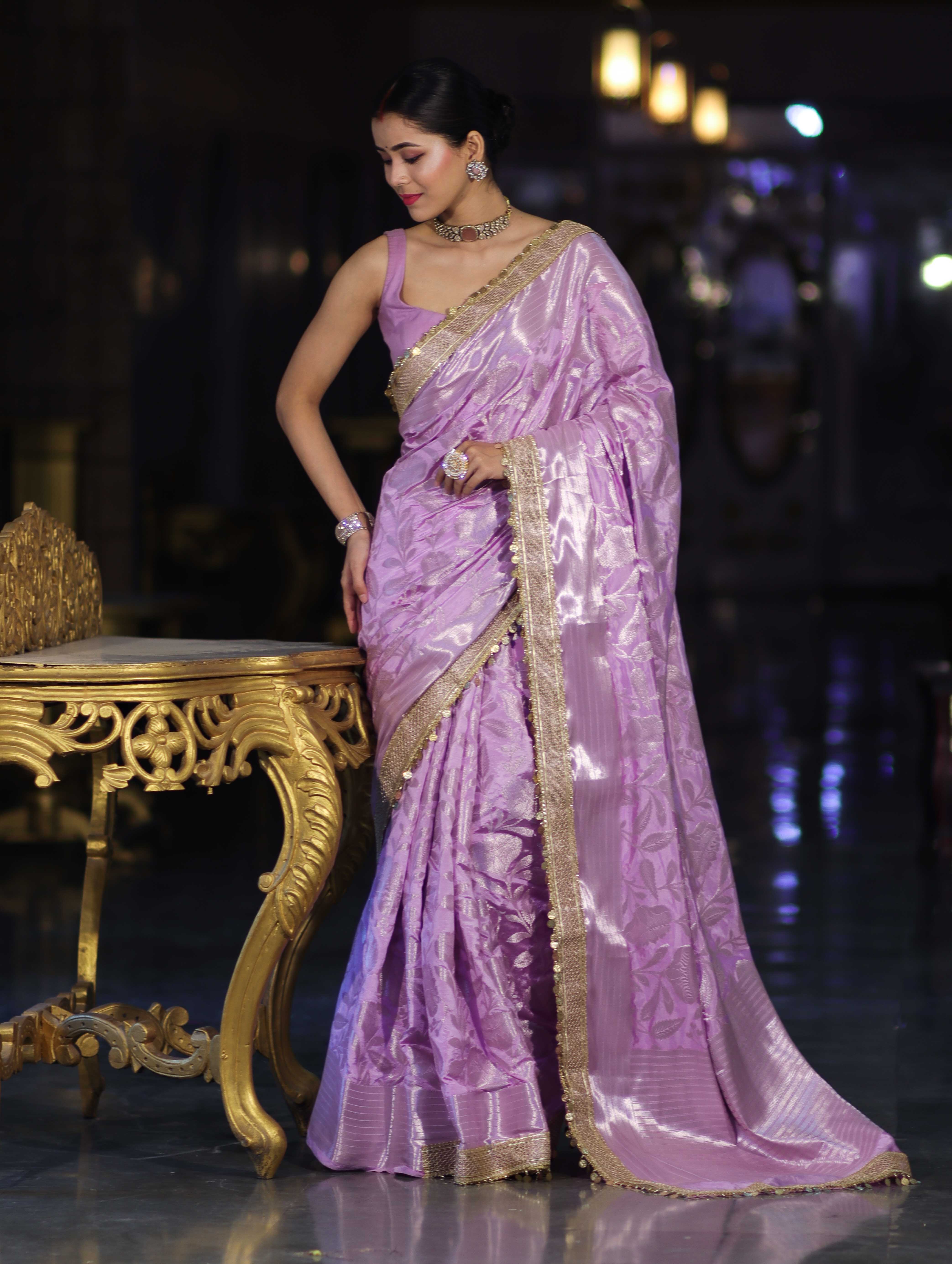 Banarasee Handloom Semi Silk Saree With Silver Zari Work Border & Lace-Lavender