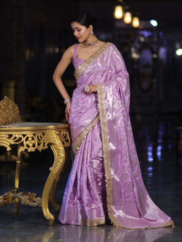 Banarasee Handloom Semi Silk Saree With Silver Zari Work Border & Lace-Lavender