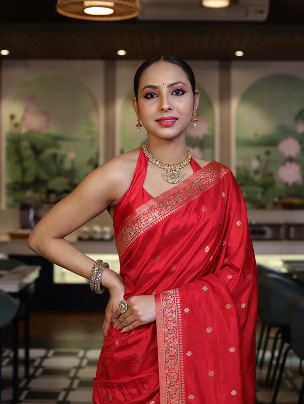 Banarasee Handloom Semi Silk Saree With Zari Buti Work & Floral Border-Red