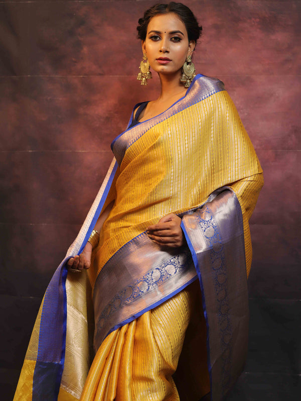 Banarasee Handwoven Broad Contrast Border Tissue Saree-Yellow & Blue