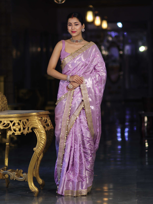Banarasee Handloom Semi Silk Saree With Silver Zari Work Border & Lace-Lavender