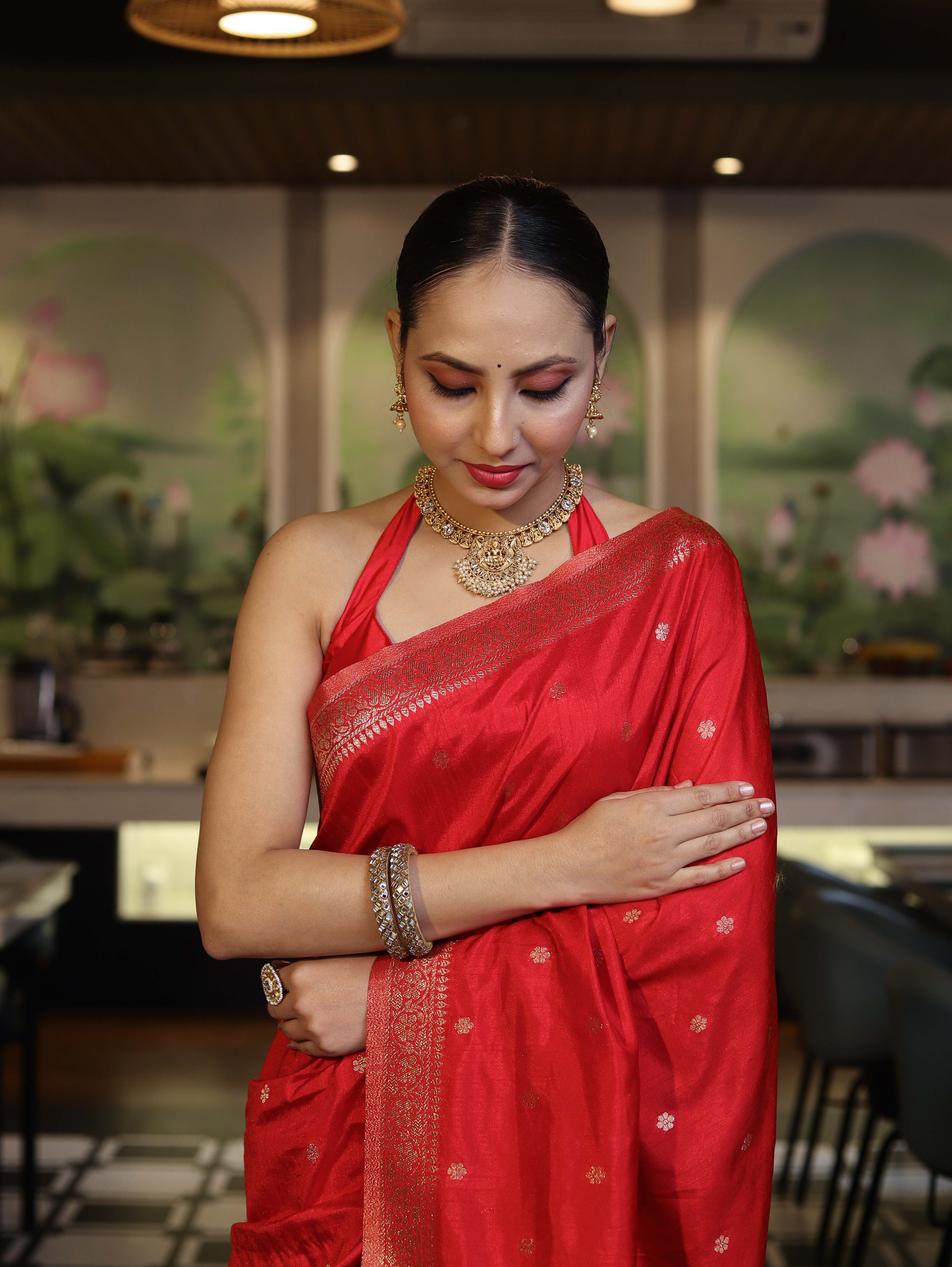 Banarasee Handloom Semi Silk Saree With Zari Buti Work & Floral Border-Red