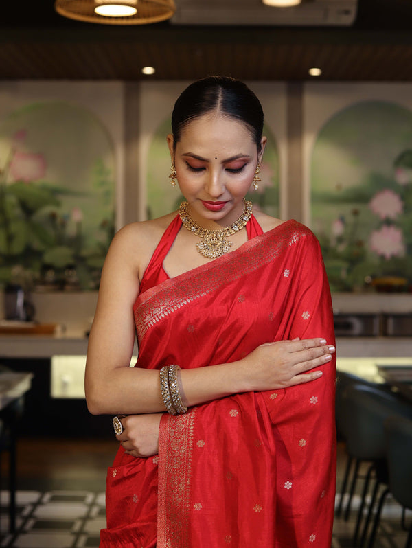 Banarasee Handloom Semi Silk Saree With Zari Buti Work & Floral Border-Red
