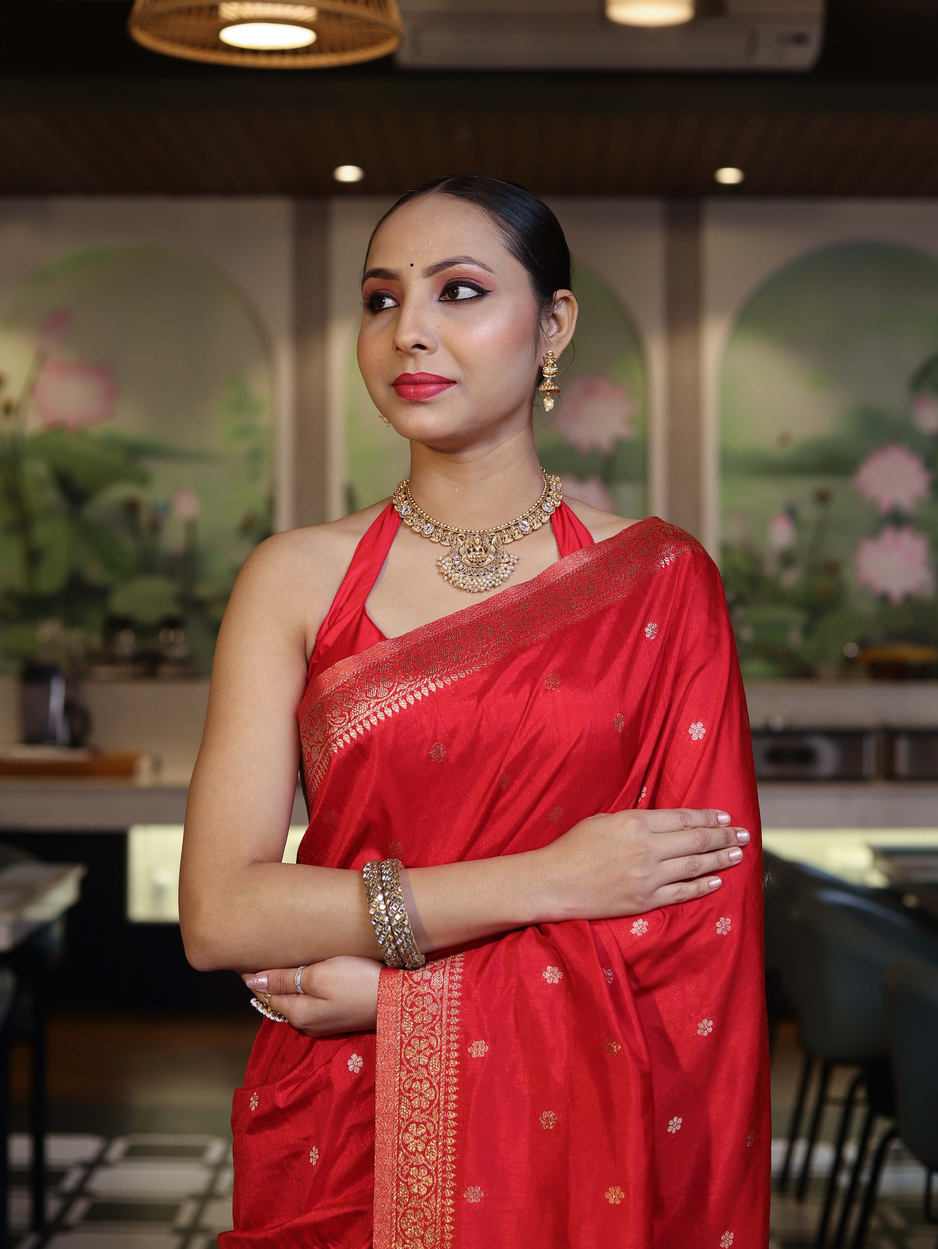 Banarasee Handloom Semi Silk Saree With Zari Buti Work & Floral Border-Red