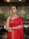 Banarasee Handloom Semi Silk Saree With Zari Buti Work & Floral Border-Red