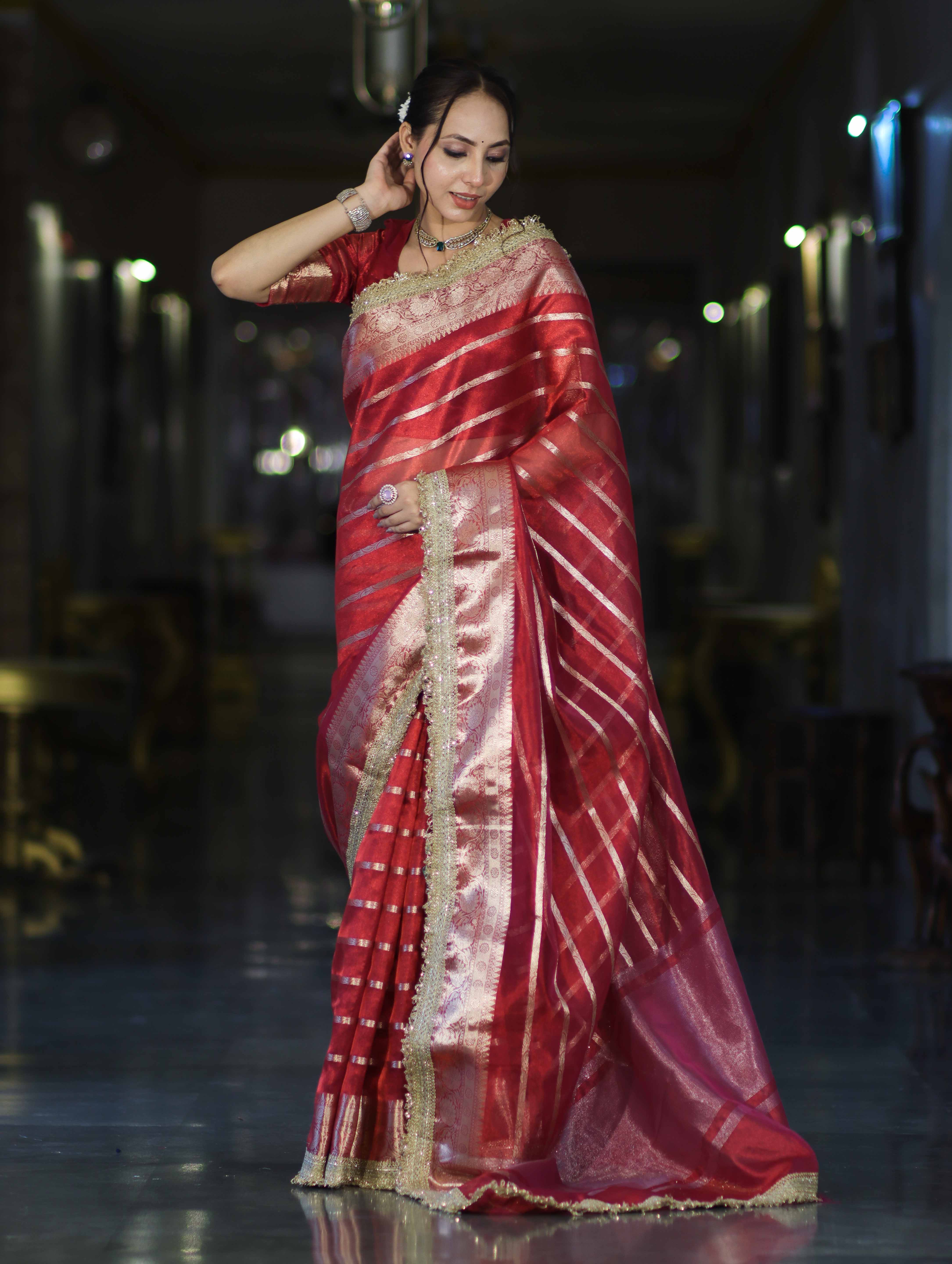 Banarasee Handwoven Tissue Saree With Zari Stripe Pattern Border & Lace-Red