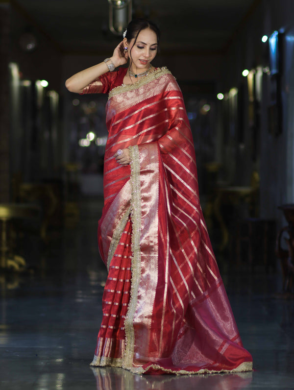 Banarasee Handwoven Tissue Saree With Zari Stripe Pattern Border & Lace-Red