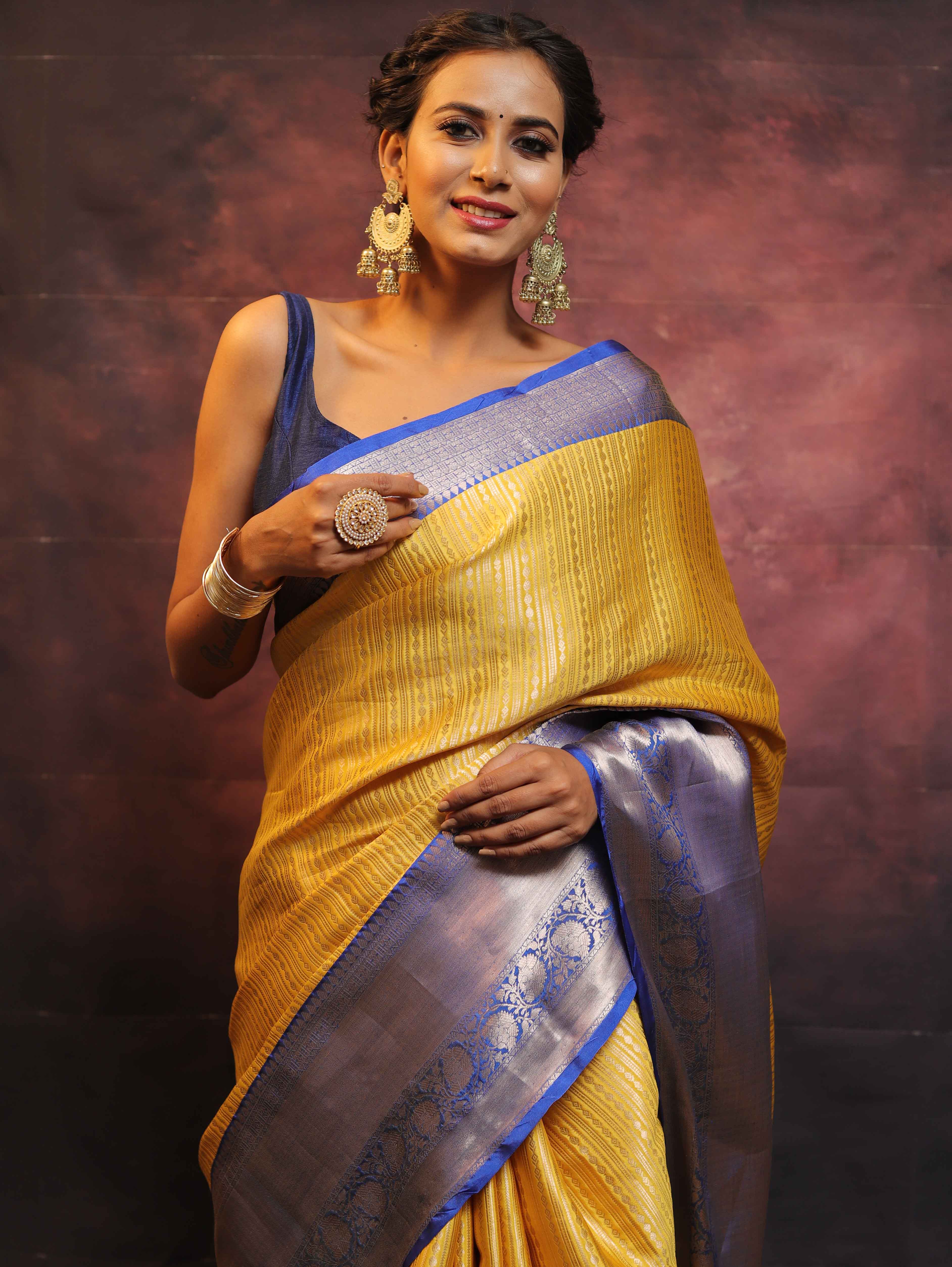 Banarasee Handwoven Broad Contrast Border Tissue Saree-Yellow & Blue