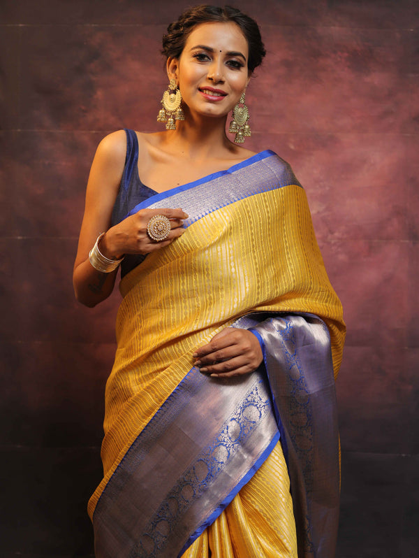 Banarasee Handwoven Broad Contrast Border Tissue Saree-Yellow & Blue