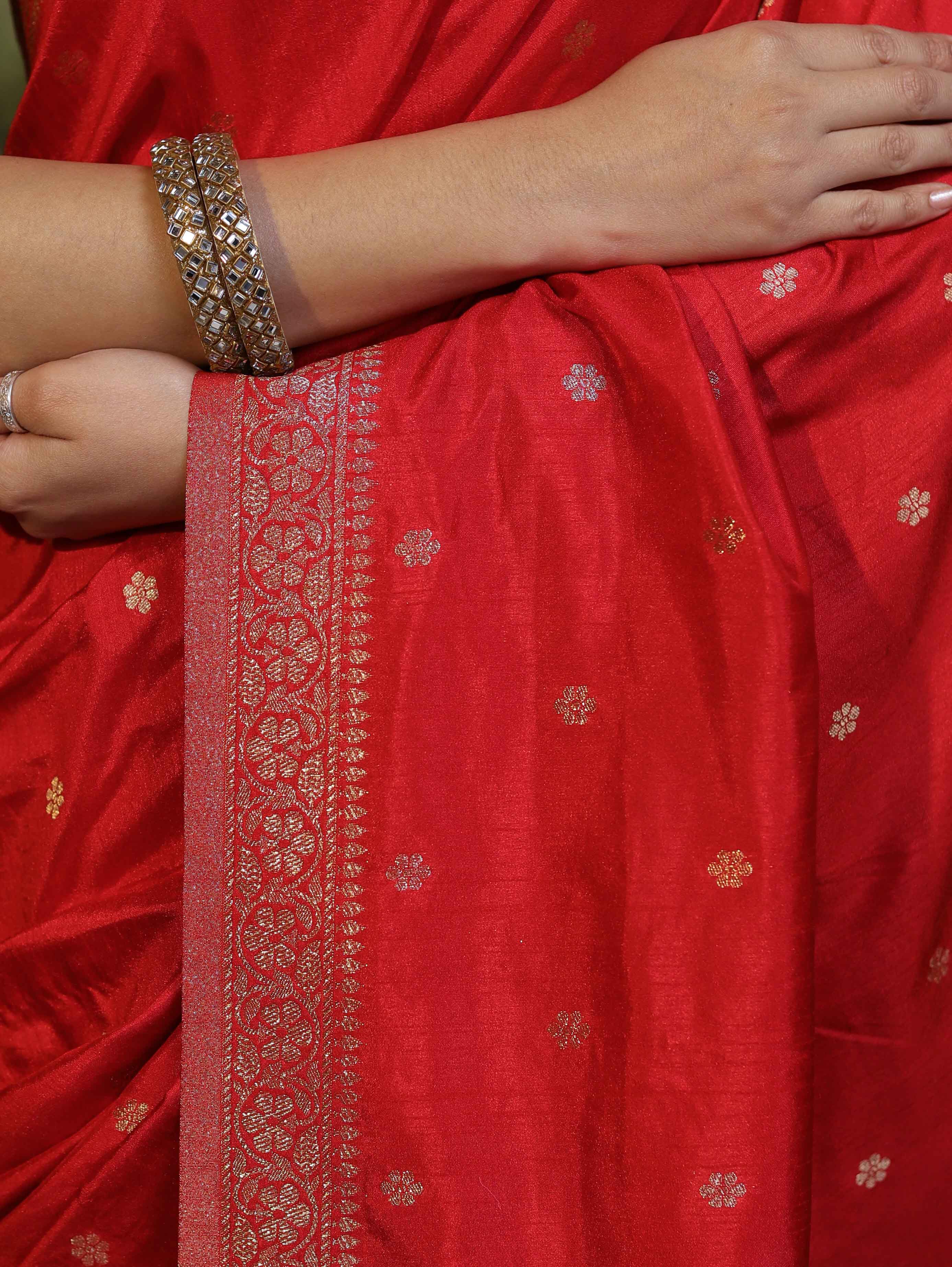 Banarasee Handloom Semi Silk Saree With Zari Buti Work & Floral Border-Red