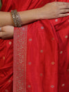 Banarasee Handloom Semi Silk Saree With Zari Buti Work & Floral Border-Red