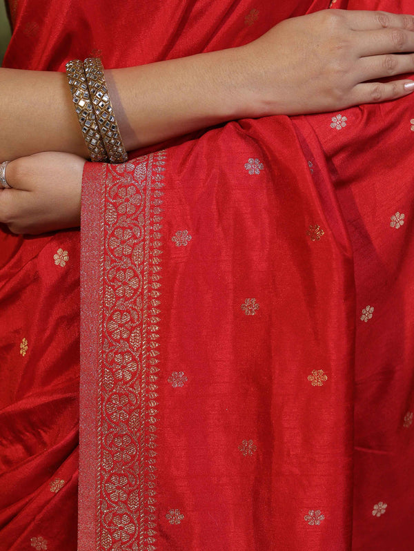 Banarasee Handloom Semi Silk Saree With Zari Buti Work & Floral Border-Red