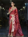 Banarasee Handwoven Tissue Saree With Zari Stripe Pattern Border & Lace-Red
