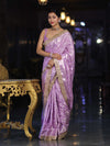 Banarasee Handloom Semi Silk Saree With Silver Zari Work Border & Lace-Lavender
