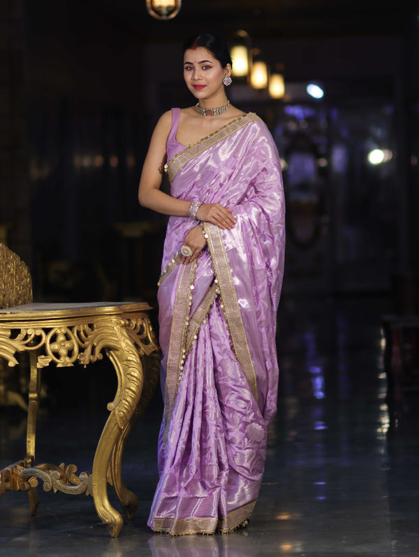 Banarasee Handloom Semi Silk Saree With Silver Zari Work Border & Lace-Lavender