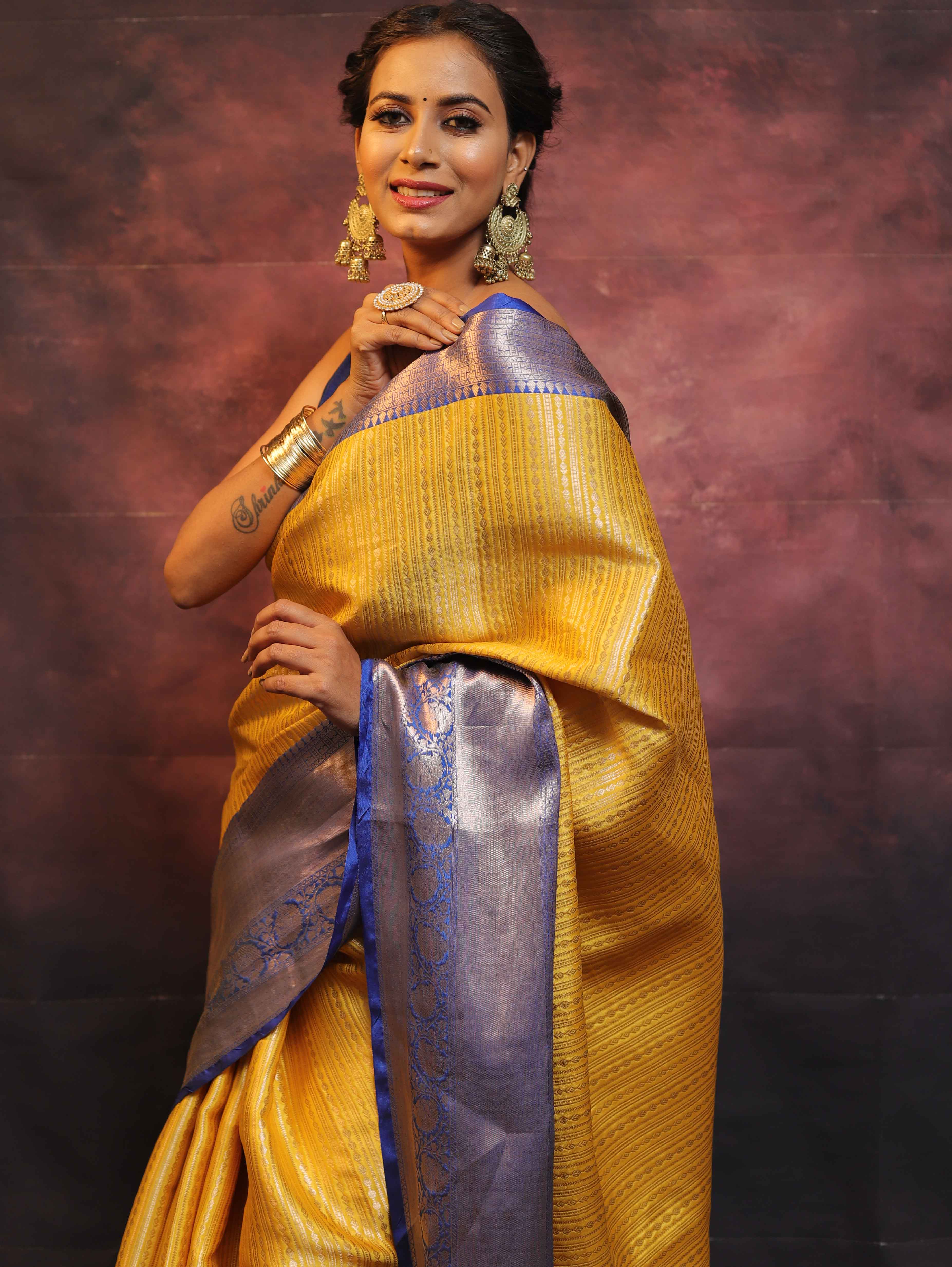Banarasee Handwoven Broad Contrast Border Tissue Saree-Yellow & Blue