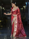 Banarasee Handwoven Tissue Saree With Zari Stripe Pattern Border & Lace-Red