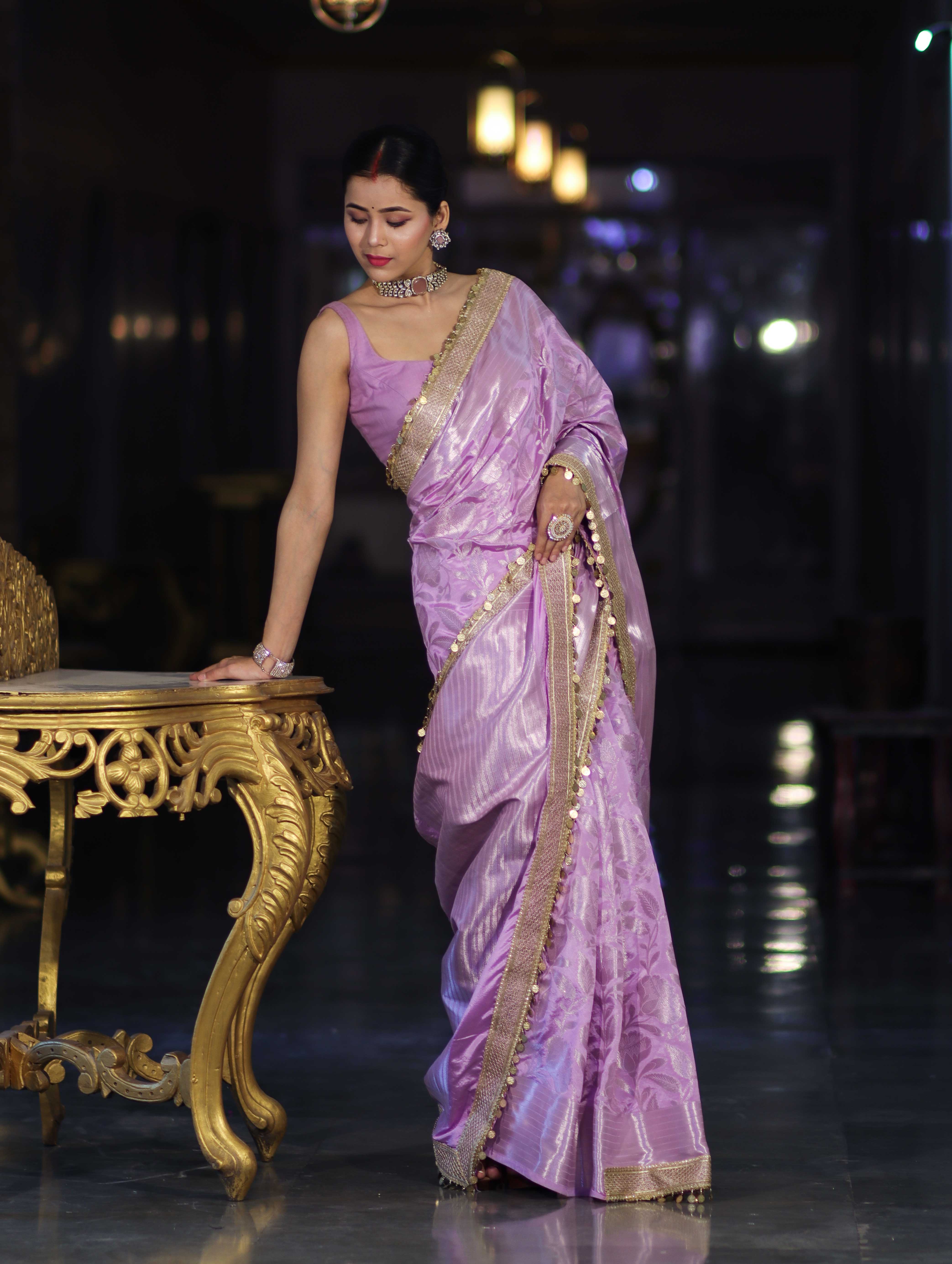 Banarasee Handloom Semi Silk Saree With Silver Zari Work Border & Lace-Lavender