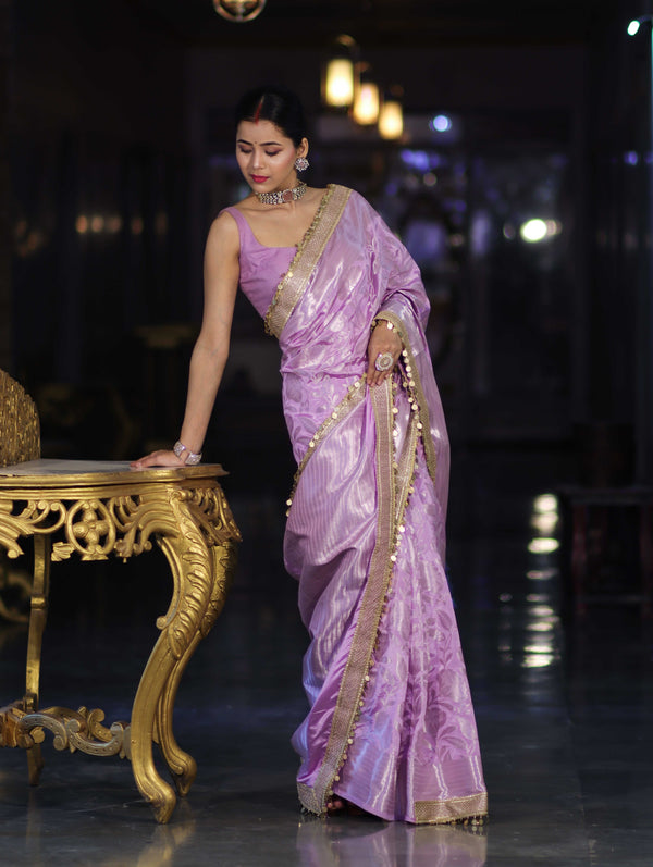 Banarasee Handloom Semi Silk Saree With Silver Zari Work Border & Lace-Lavender