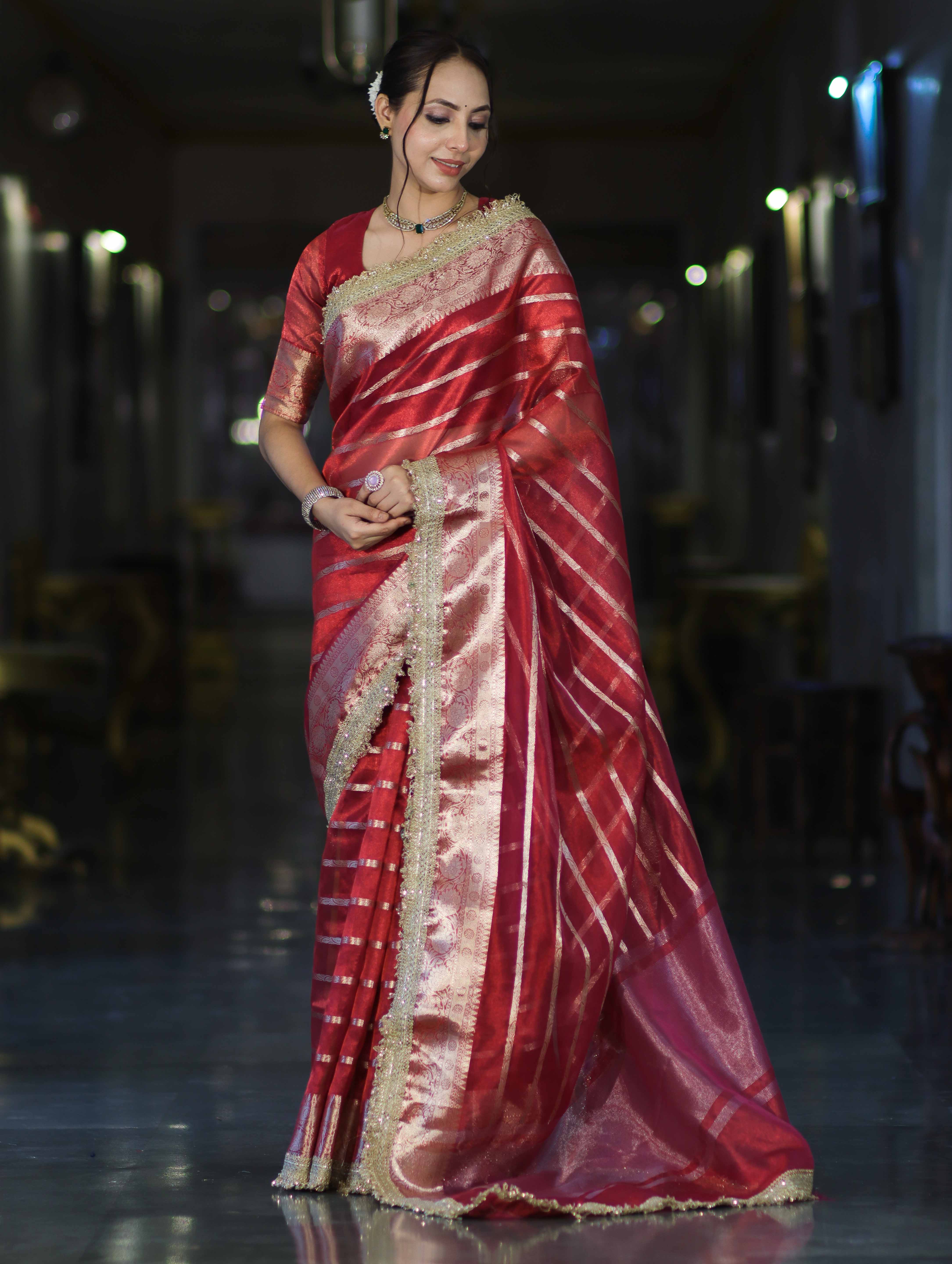 Banarasee Handwoven Tissue Saree With Zari Stripe Pattern Border & Lace-Red