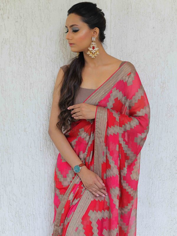 Banarasee Chiffon Blend Saree With Zig-Zag Design & Sequins Border-Red & Pink