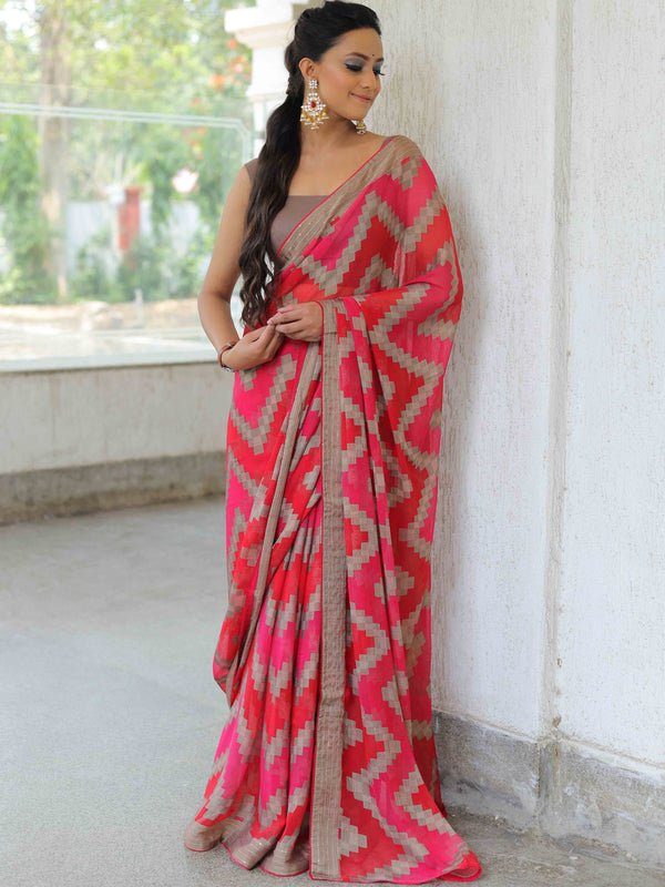 Banarasee Chiffon Blend Saree With Zig-Zag Design & Sequins Border-Red & Pink