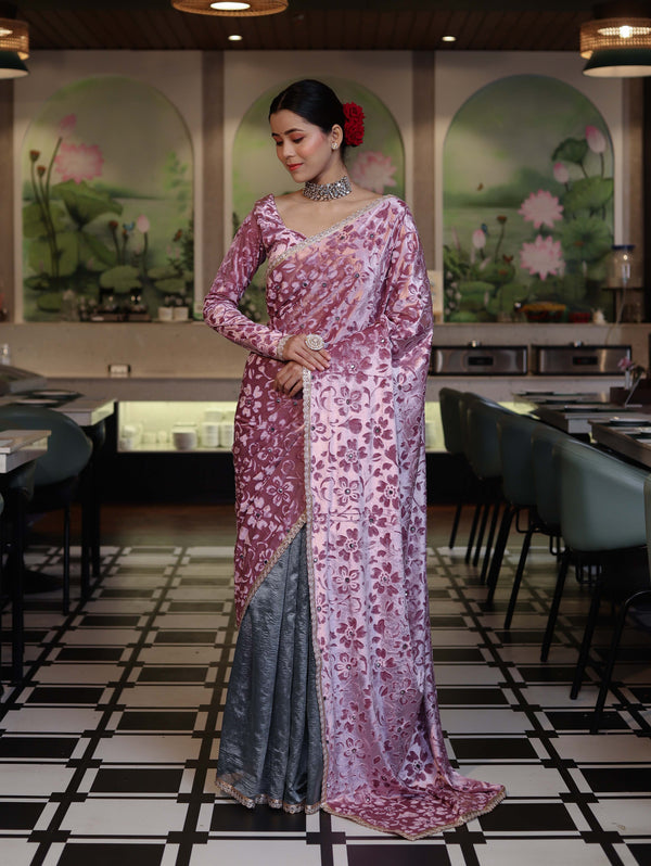 Banarasee Mirror Embroidered Velvet & Tissue Saree-Light Pink