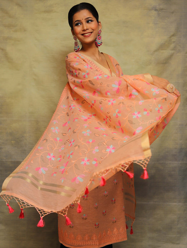 Banarasee Chanderi Cotton Salwar Kameez Fabric With Embroidery Work-Peach