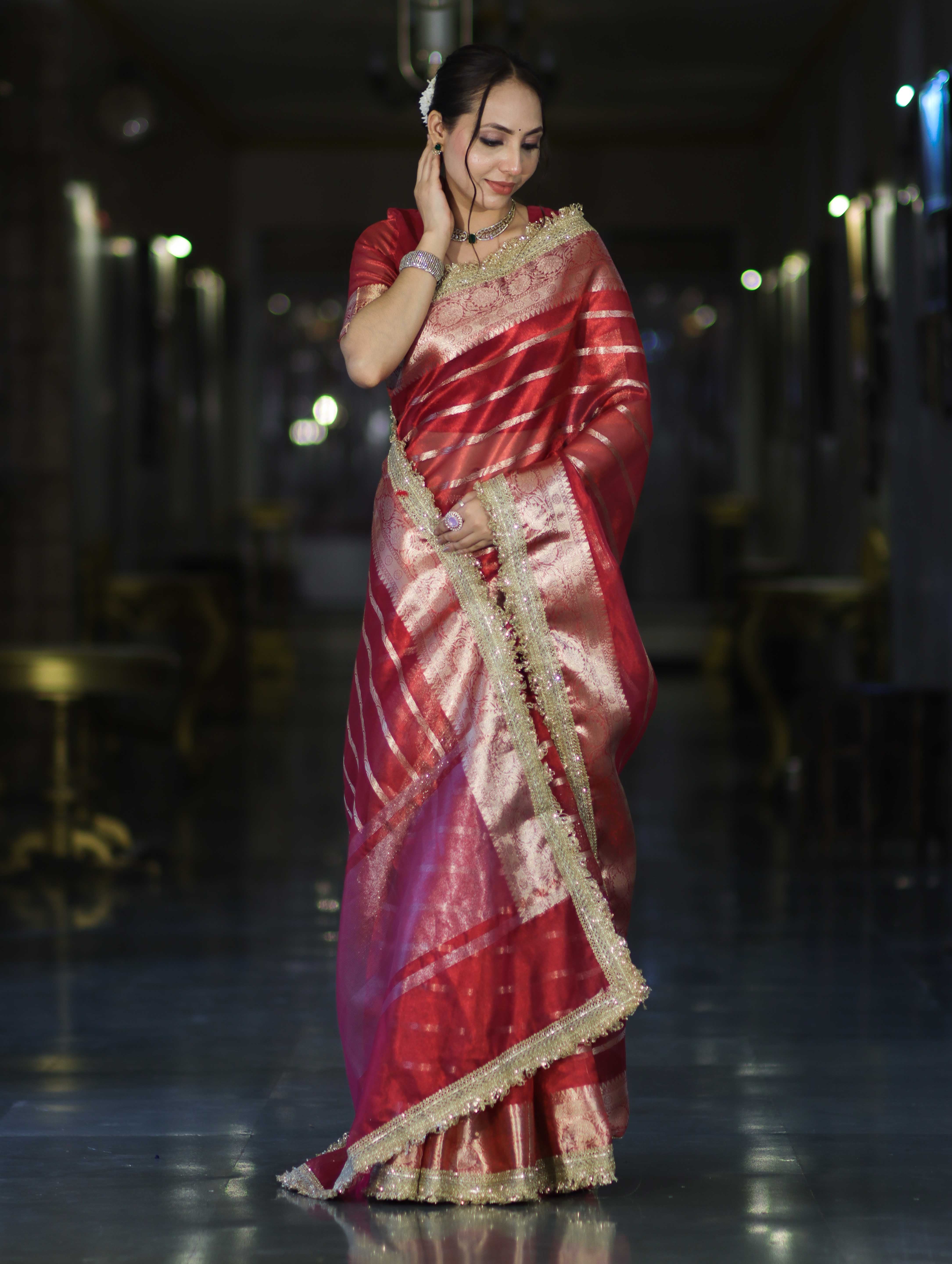 Banarasee Handwoven Tissue Saree With Zari Stripe Pattern Border & Lace-Red