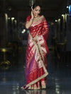 Banarasee Handwoven Tissue Saree With Zari Stripe Pattern Border & Lace-Red