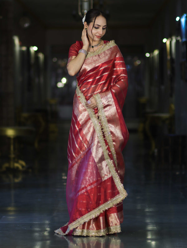 Banarasee Handwoven Tissue Saree With Zari Stripe Pattern Border & Lace-Red