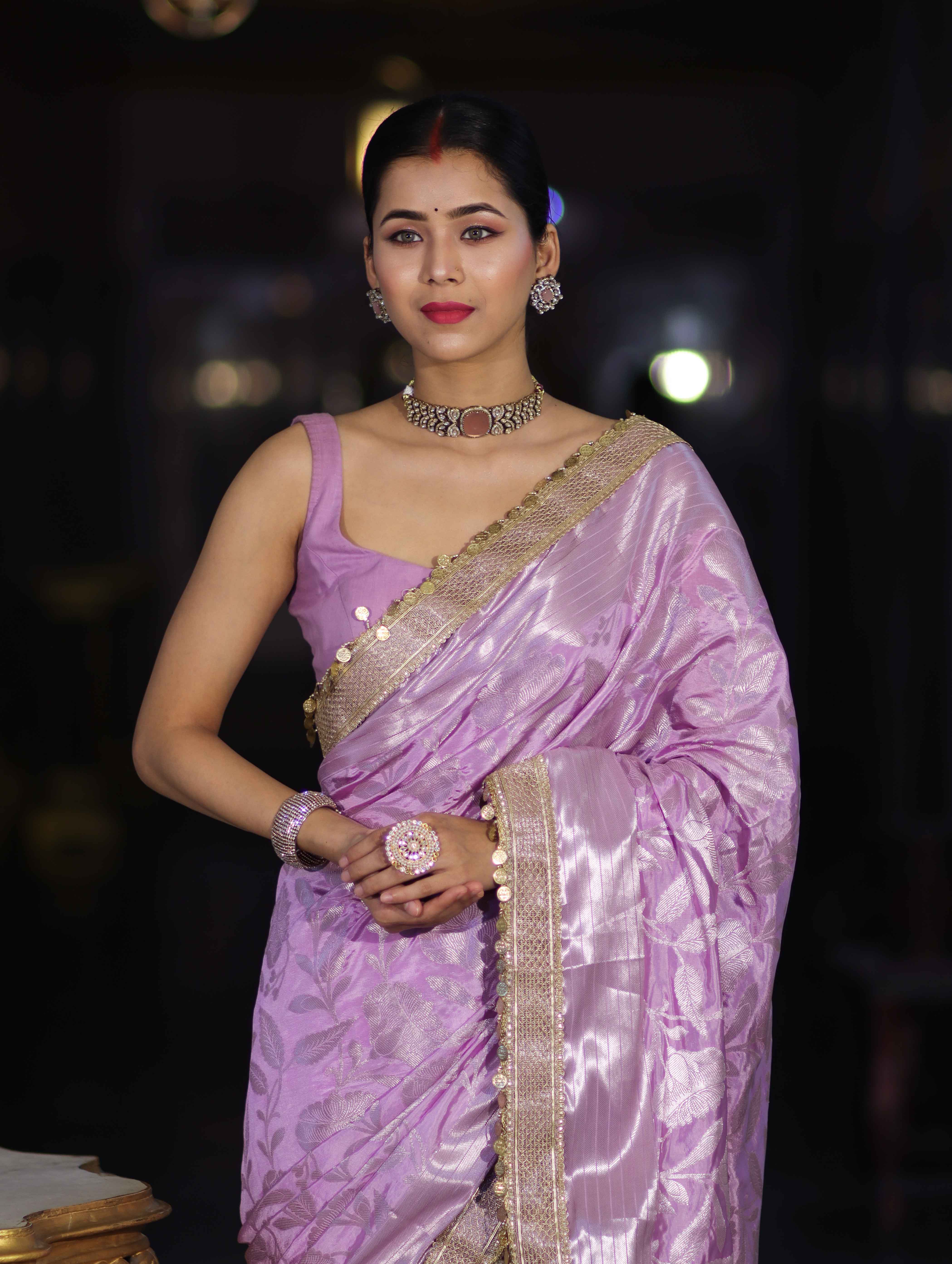 Banarasee Handloom Semi Silk Saree With Silver Zari Work Border & Lace-Lavender