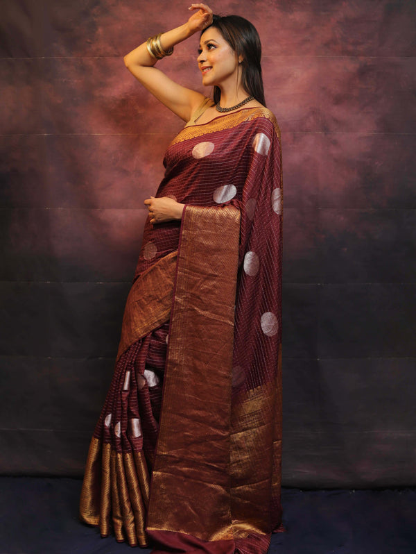Banarasee Handwoven Pure Muga Silk Saree With Sona Rupa Zari Work-Maroon
