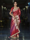 Banarasee Handwoven Tissue Saree With Zari Stripe Pattern Border & Lace-Red
