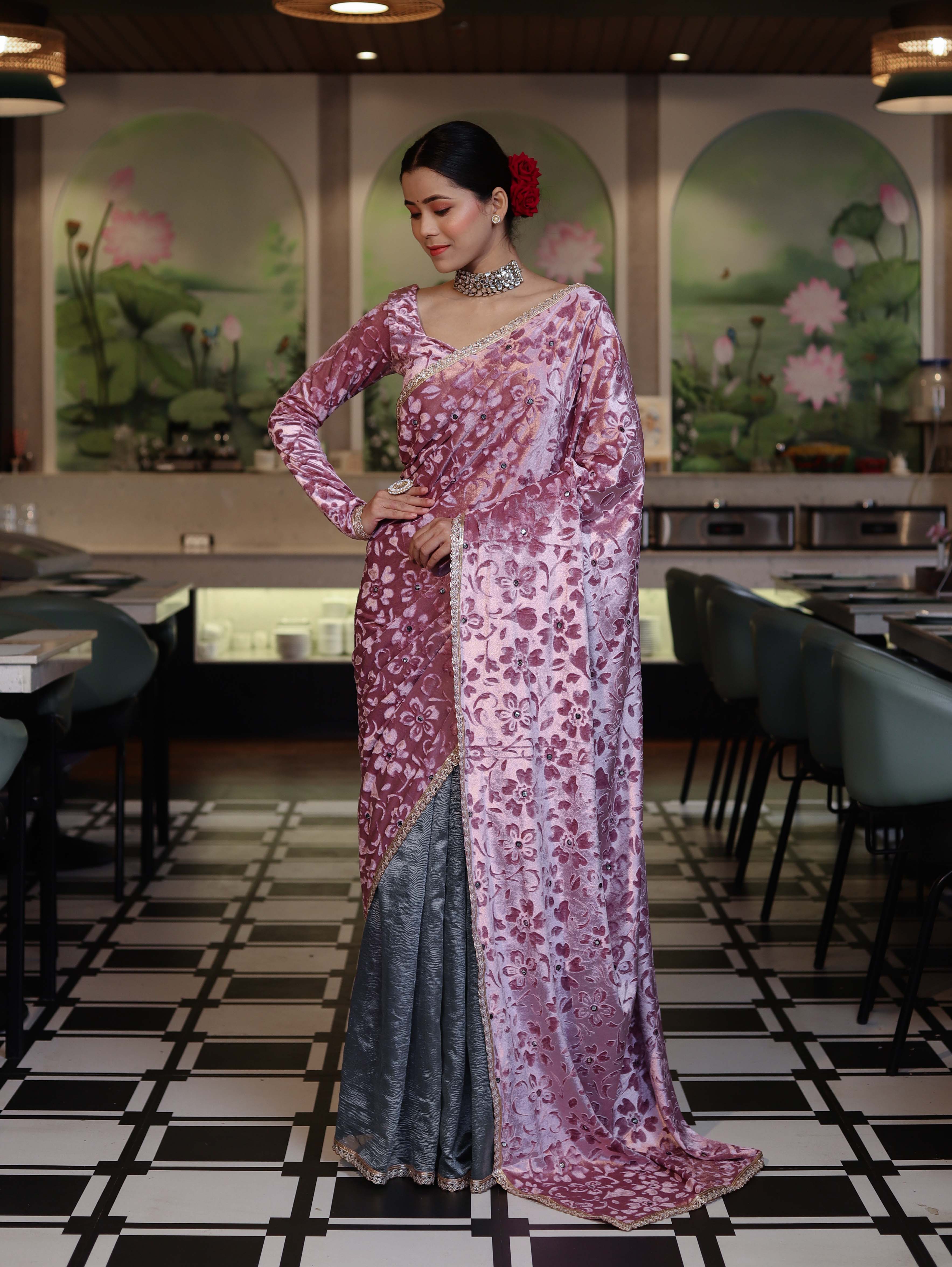 Banarasee Mirror Embroidered Velvet & Tissue Saree-Light Pink