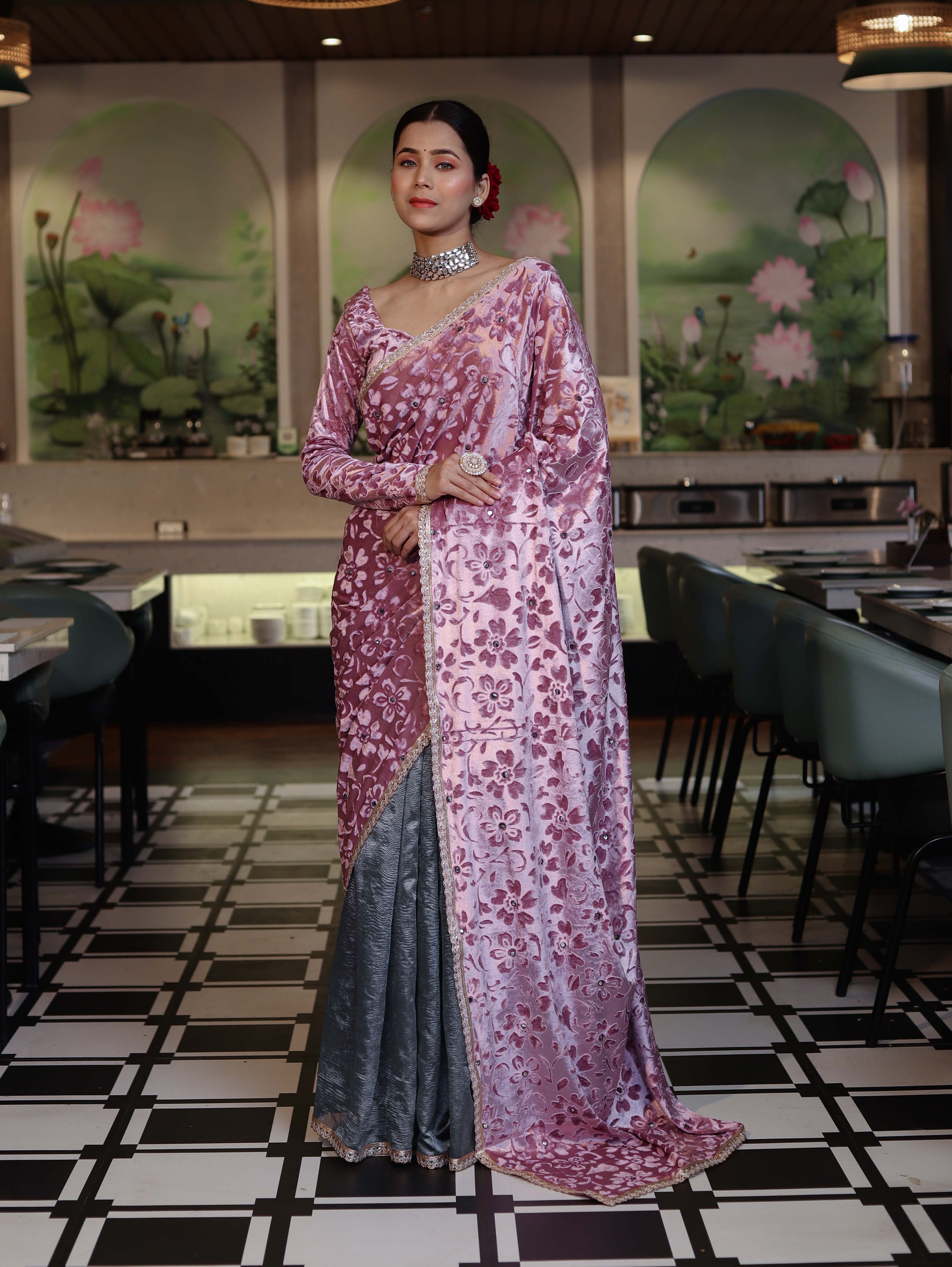 Banarasee Mirror Embroidered Velvet & Tissue Saree-Light Pink