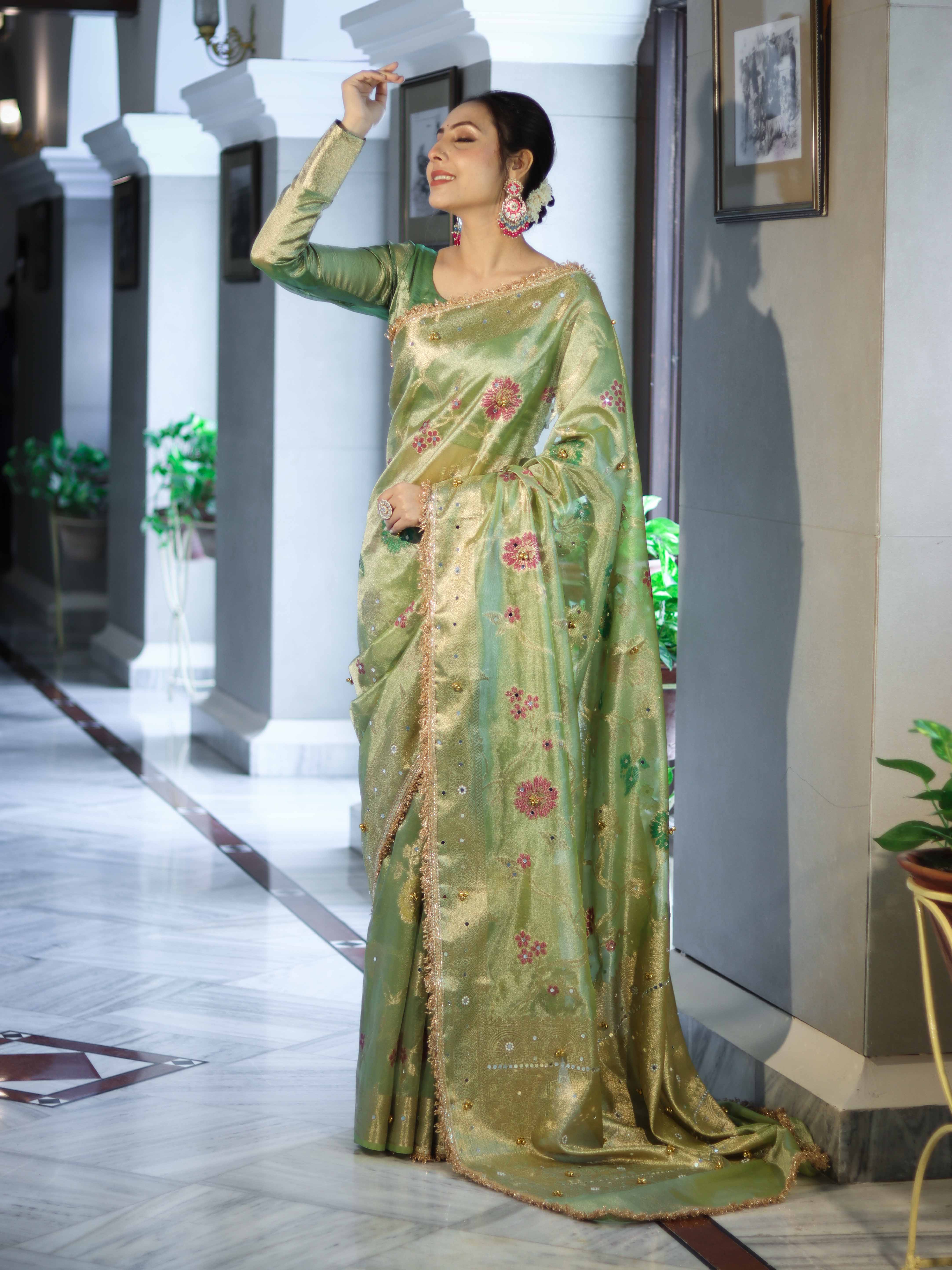 Banarasee Tissue Hand Embroidered Mirror Work Saree With Zari Resham & Ghungroo Work-Green