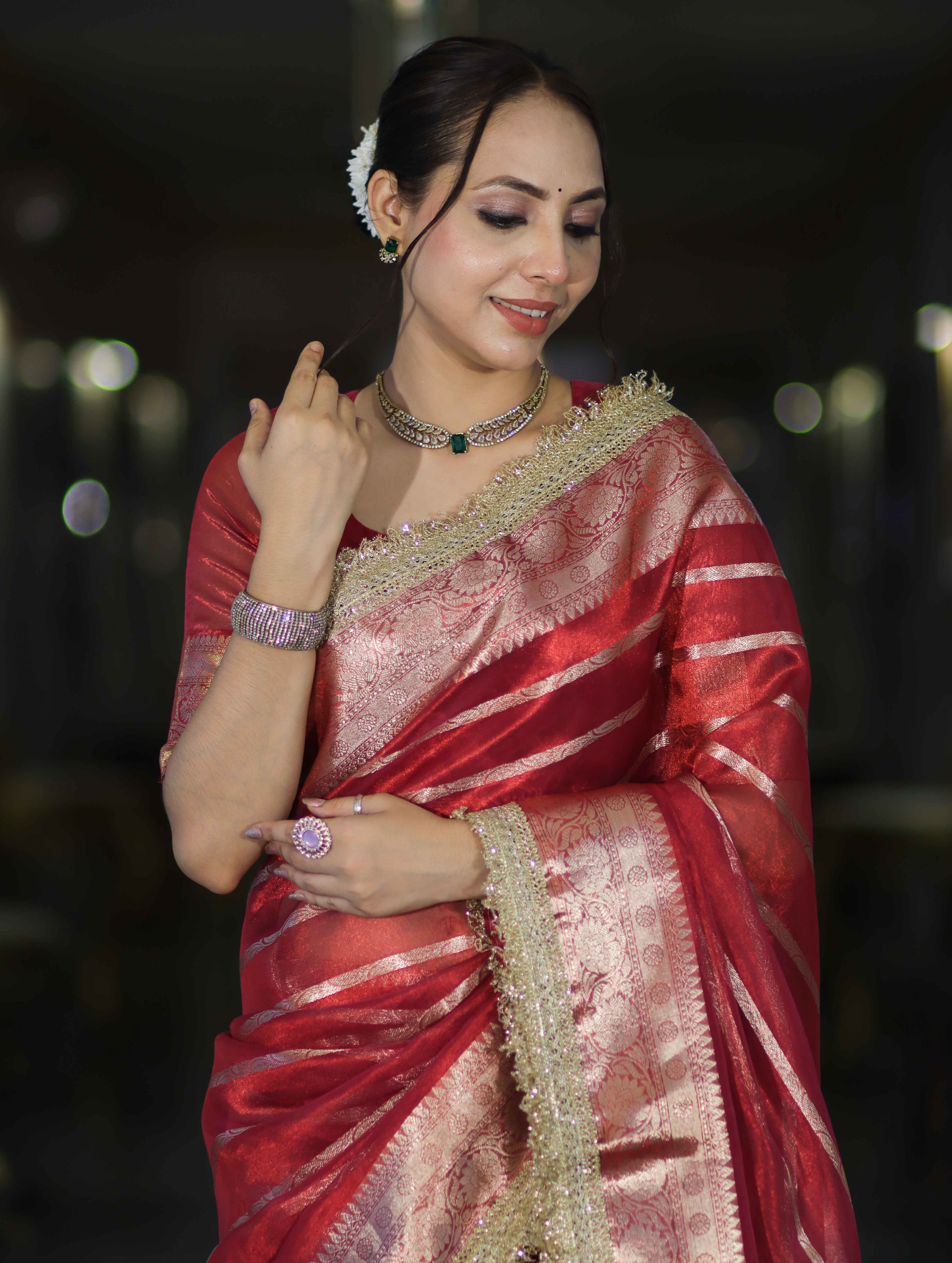 Banarasee Handwoven Tissue Saree With Zari Stripe Pattern Border & Lace-Red