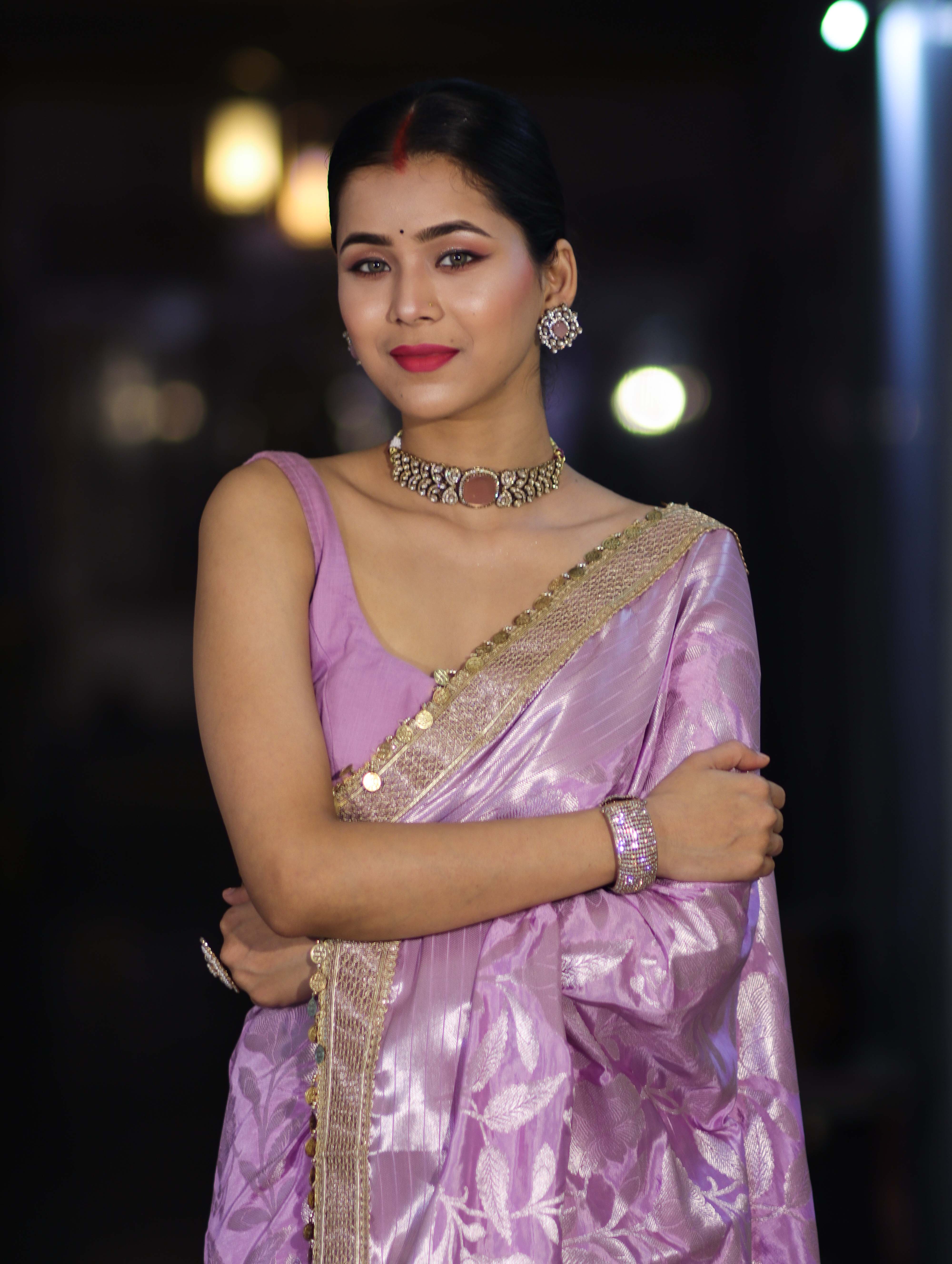 Banarasee Handloom Semi Silk Saree With Silver Zari Work Border & Lace-Lavender