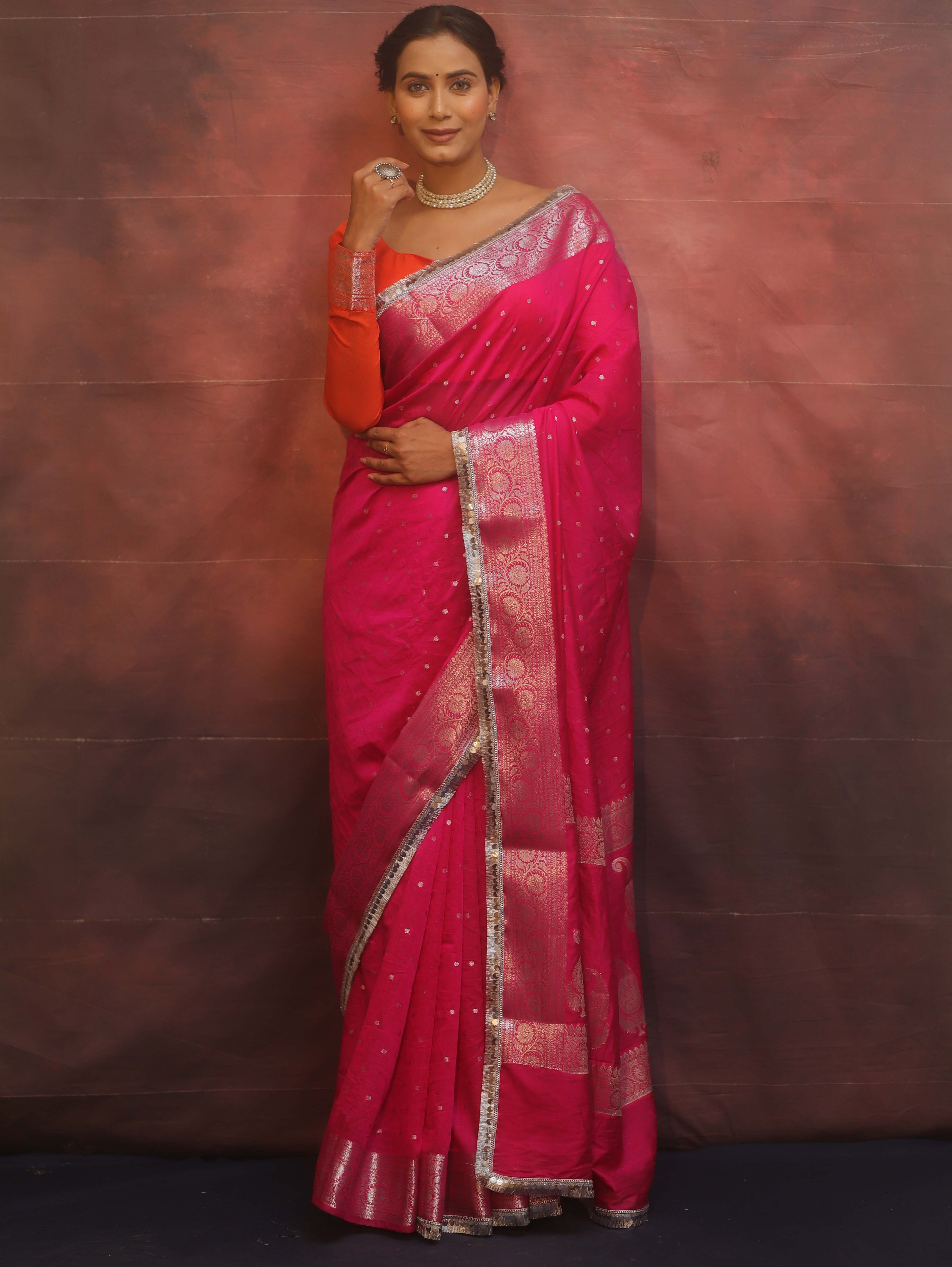Banarasee Handwoven Semi-Chiffon Saree With Silver Zari & Lace-Pink