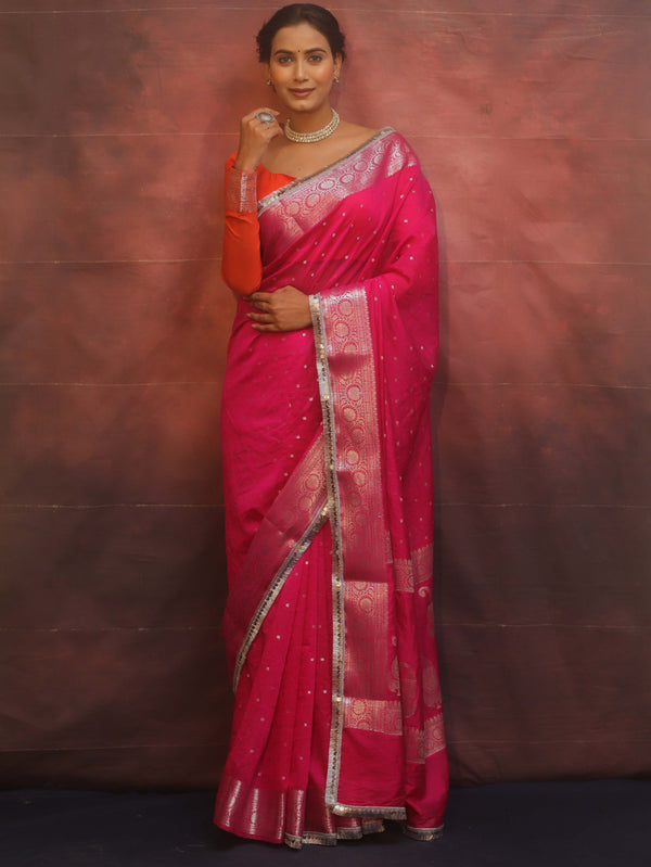 Banarasee Handwoven Semi-Chiffon Saree With Silver Zari & Lace-Pink