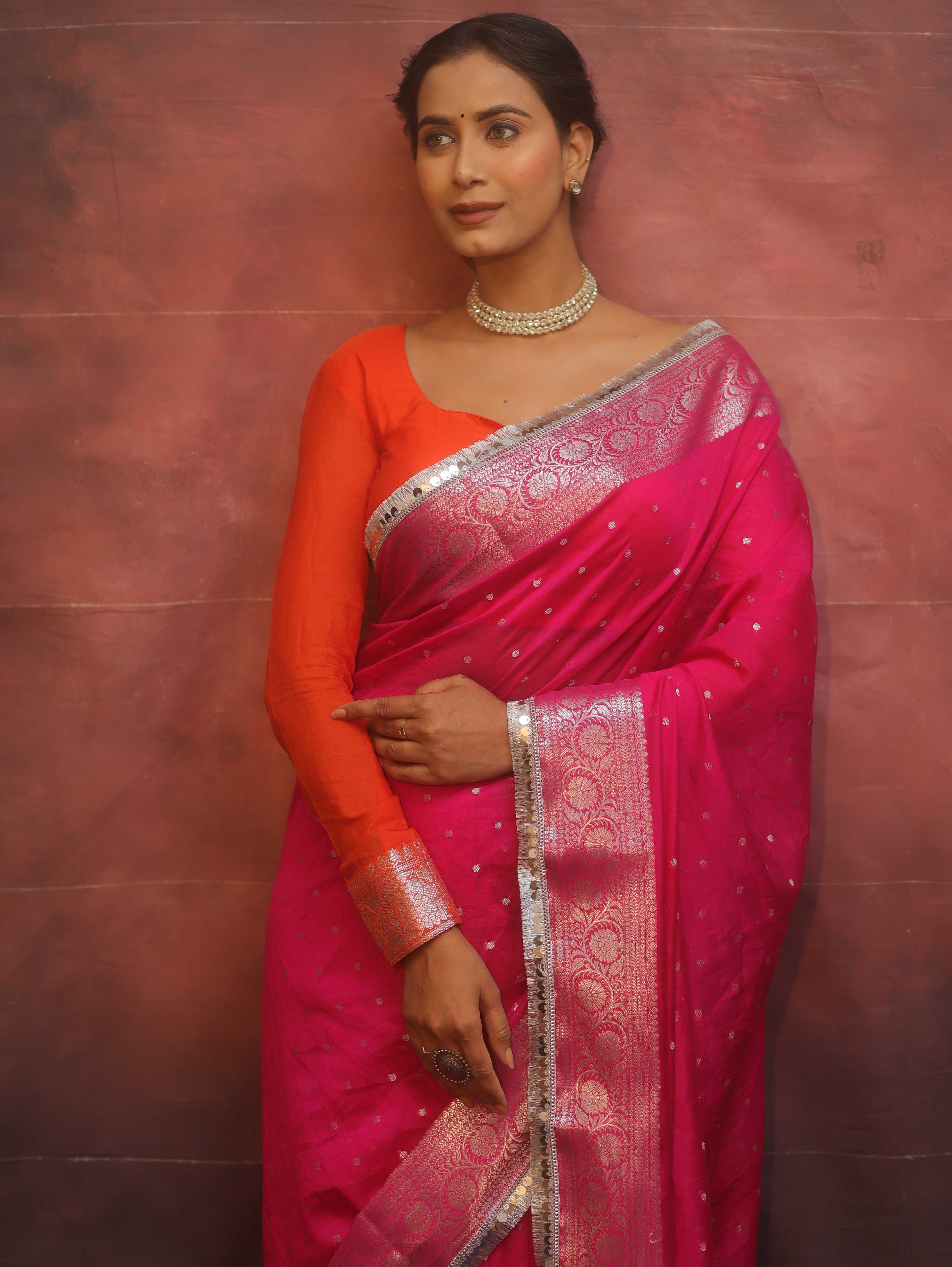 Banarasee Handwoven Semi-Chiffon Saree With Silver Zari & Lace-Pink