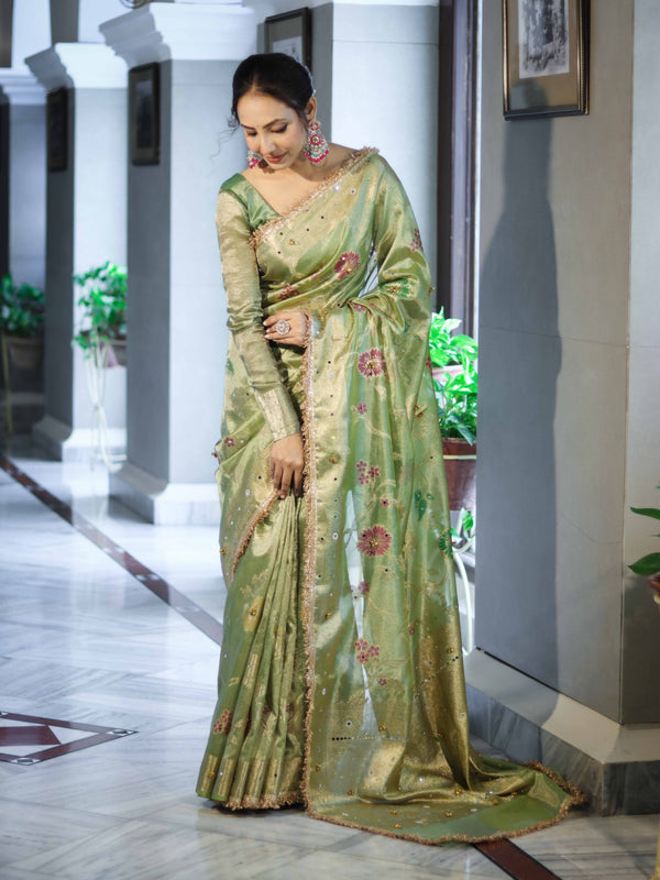 Banarasee Tissue Hand Embroidered Mirror Work Saree With Zari Resham & Ghungroo Work-Green