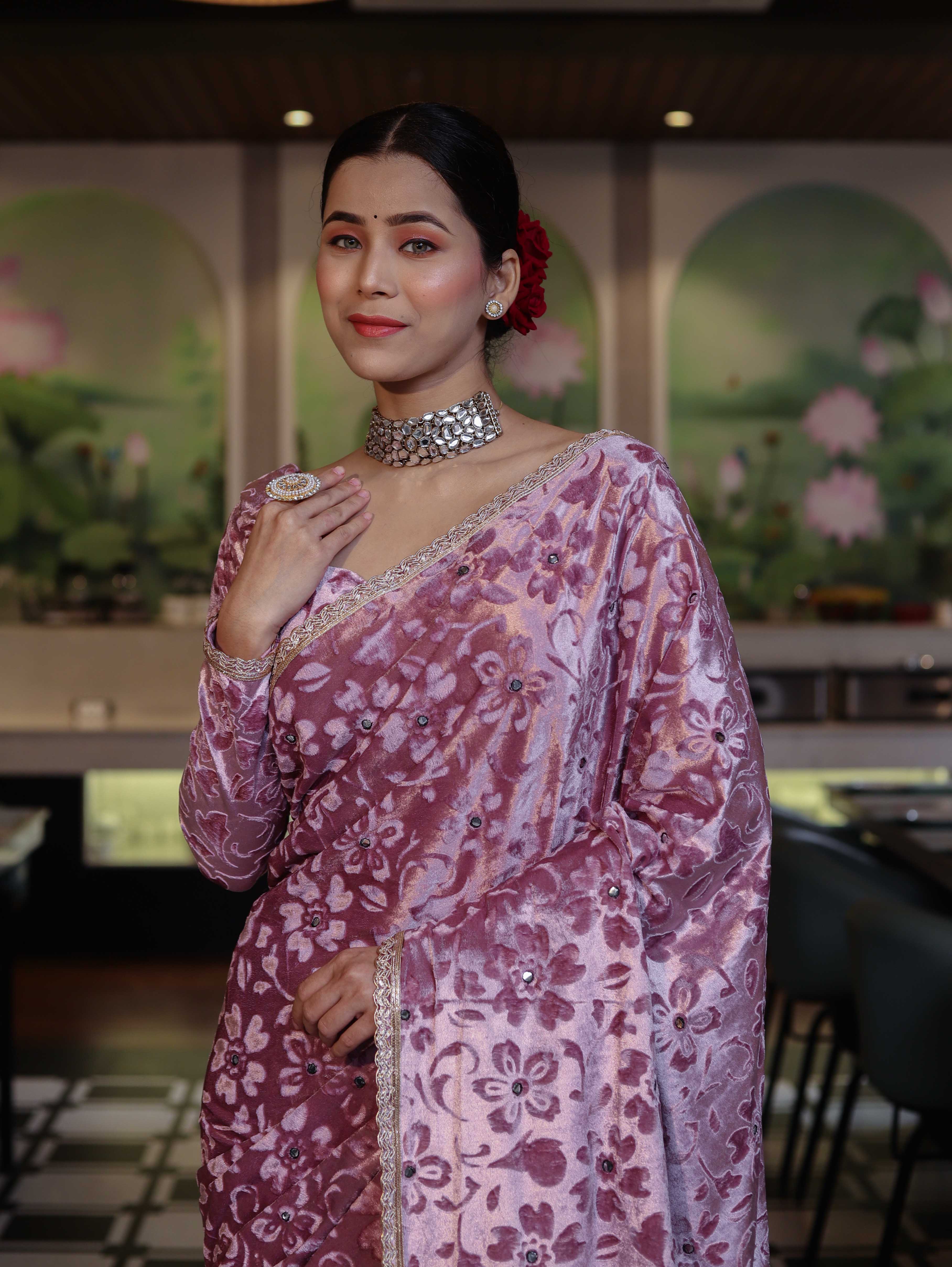 Banarasee Mirror Embroidered Velvet & Tissue Saree-Light Pink